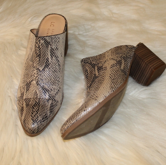 LC Tan Faux Leather Anima Snake Print Pointed Toe Chunky Block Heel Mules Shoes - Picture 6 of 12